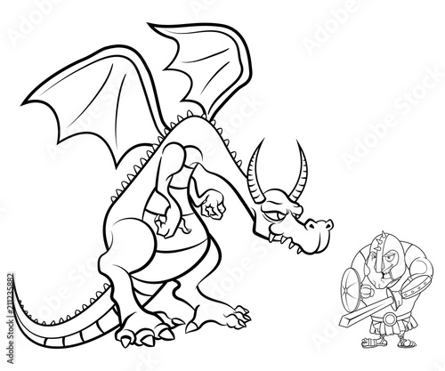 Dragon versus Gladiator Coloring Book Cartoon Vector