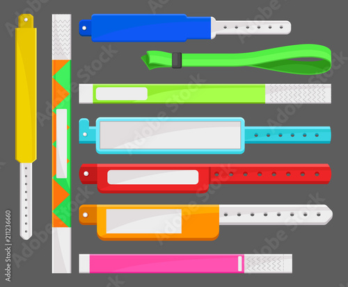 Different types of bracelets set, templates for security access, control or identification at events vector Illustrations
