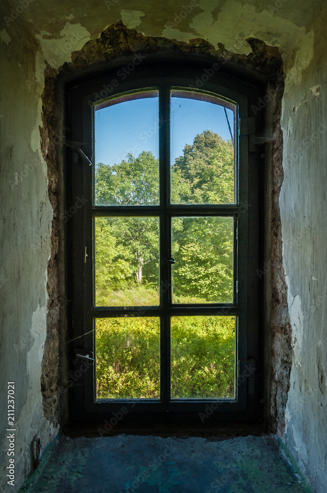 The view from the lighthouse window to the yard with trees and bushes. View from the old window. Pakri lighthouse. Paldiski, Estonia.