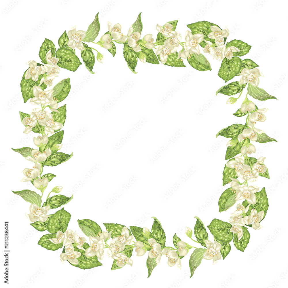 Naklejka premium Blooming and blossom frame square wreath with jasmine flowers