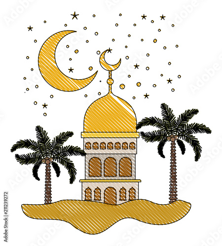 arabic castle with moon in the night scene vector illustration design
