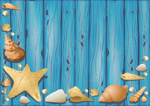 Wooden Background with Seashells - Decorative Illustration with Underwater Life, Vector