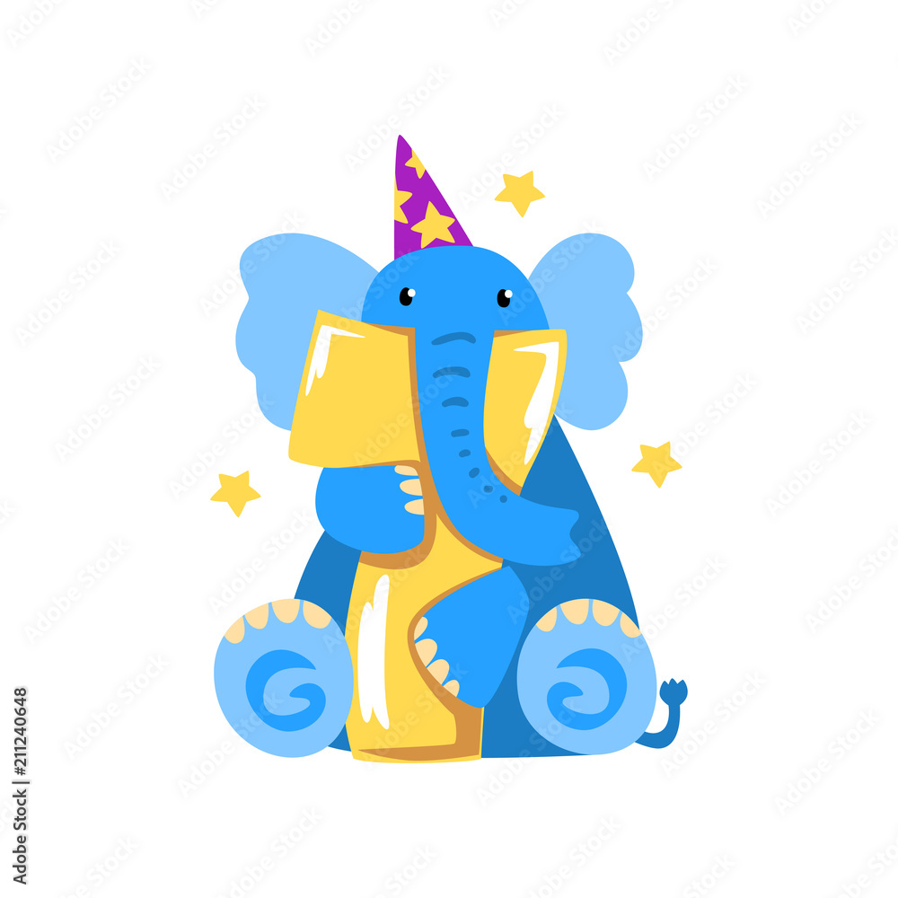 Sweet elephant and number seven, Happy birthday, anniversary number with cute animal character vector Illustration on a white background