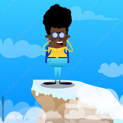 Schoolboy looking through binoculars. Vector cartoon character illustration.