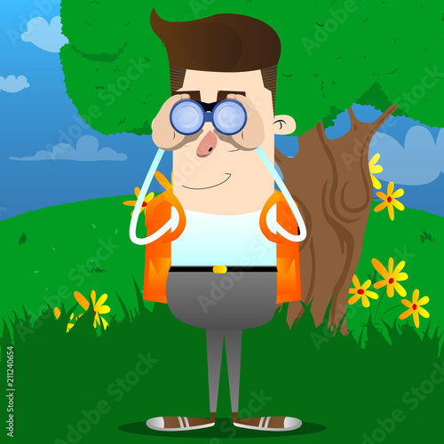 Schoolboy looking through binoculars. Vector cartoon character illustration.