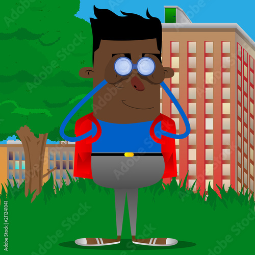 Schoolboy looking through binoculars. Vector cartoon character illustration.