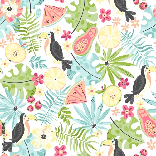 Tapety Tropikalny wzór z tukanami i roślinami