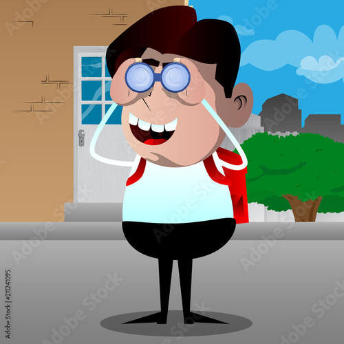 Schoolboy looking through binoculars. Vector cartoon character illustration.