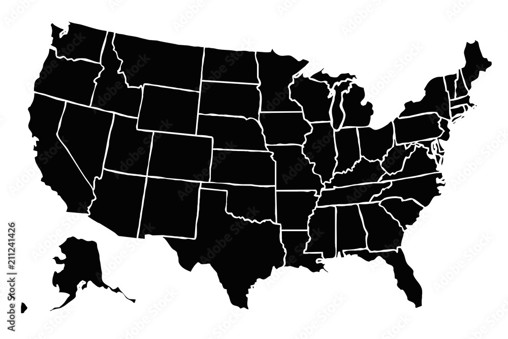 Mapa negro de Estados Unidos de América.