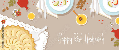 traditional table for Rosh Hashanah, Jewish new year, dinner with traditional symbols. vector illustration template banner design