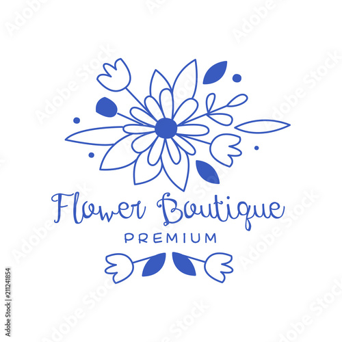Flower boutique premium logo design, floral emblem, florists, flower shop badge hand drawn vector Illustration in blue color on a white background