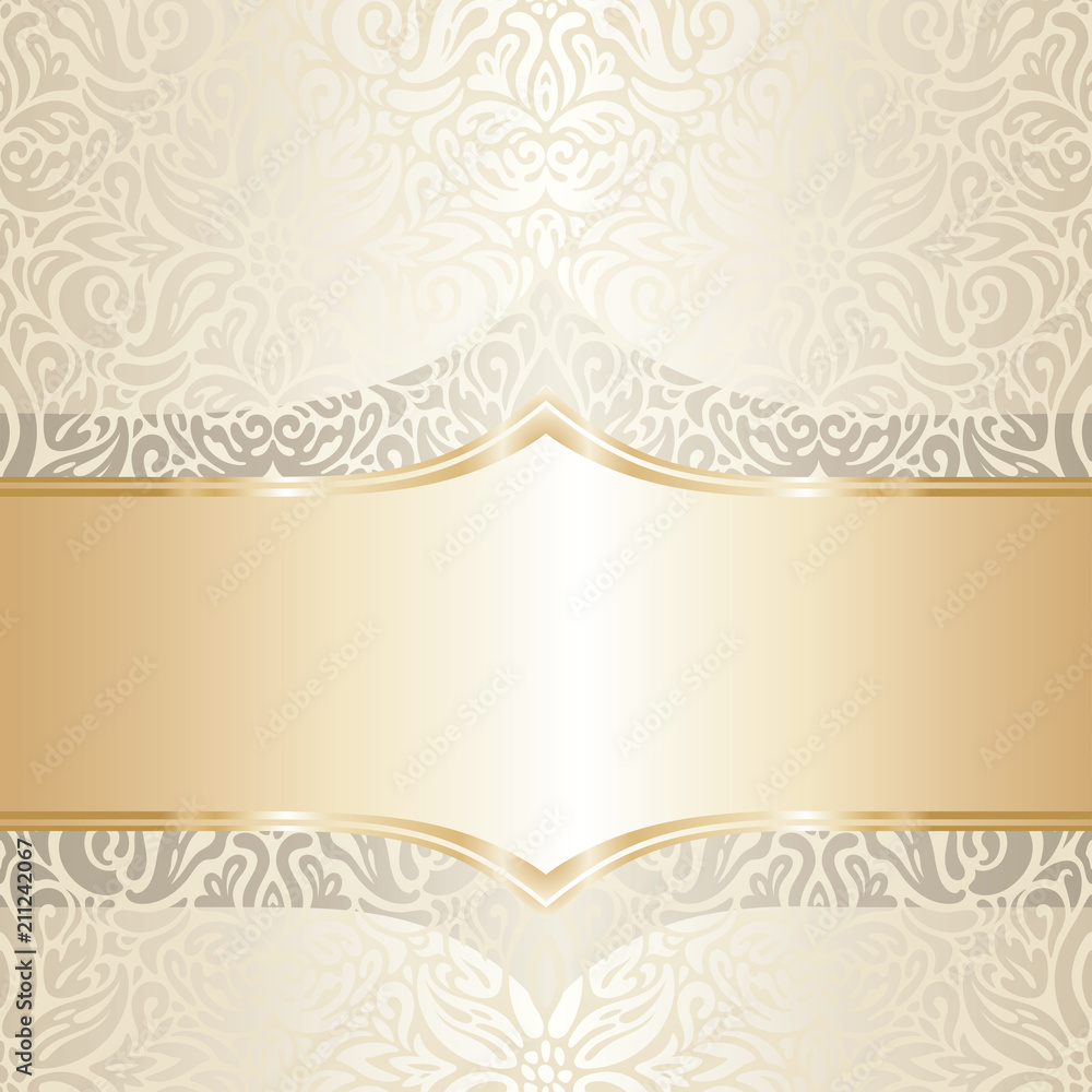 Floral wedding invitation wallpaper trend design in ecru & gold, with