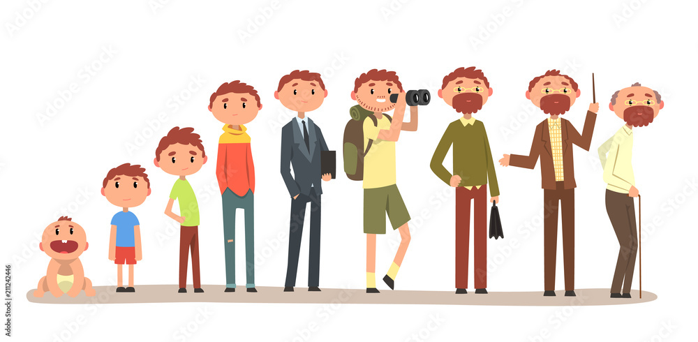 Φωτογραφία Growing up of a man from infant to grandfather, cycle of life vector Illustratio
