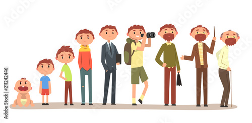Growing up of a man from infant to grandfather, cycle of life vector Illustration on a white background