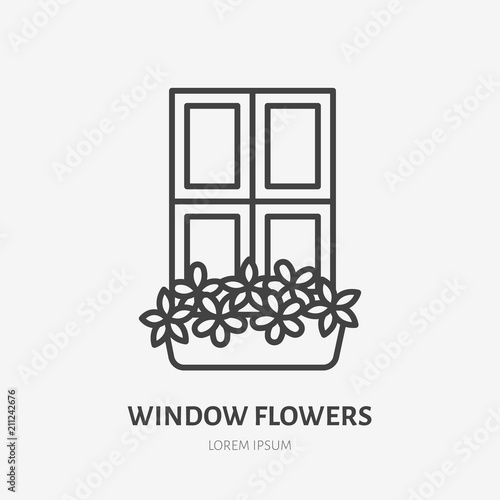 House flowers in flower pots on window flat line icon. Plants growing in flowerpot sign. Thin linear logo for gardening, planting.