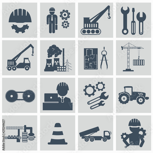 Engineering icon set. Engineer construction equipment machine operator managing and manufacturing icons. Flat vector illustration