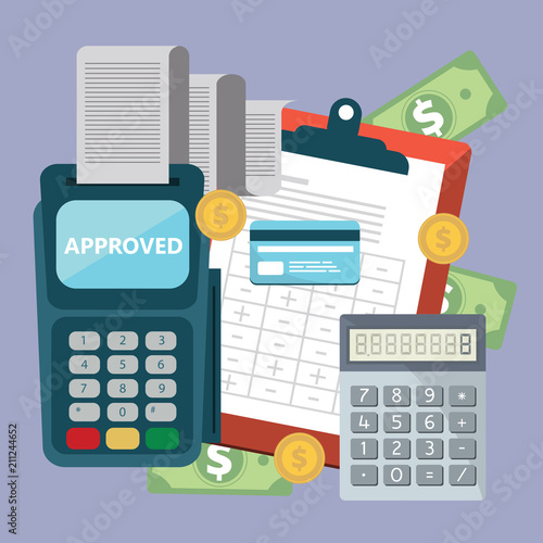 Accounting concept, planing business items. Invoice. Financial calculations. Working process, calculator, financial reports, money, coins. Flat vector illustration