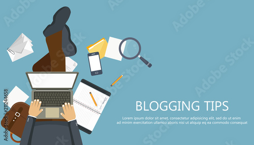 Writing a story or column for newspaper or magazine. Man sitting on the floor and holding lap top in his lap. Flat vector illustration