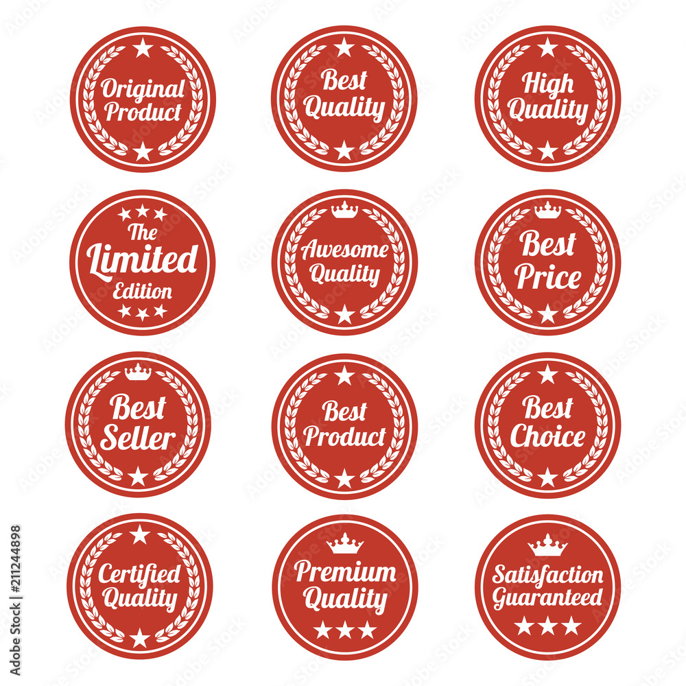 Collection of red flat badges on white background. Collection of red flat badges on white background.
