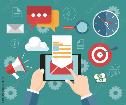 Flat design concept of regularly distributed news publication via e-mail with some topics of interest to its subscribers. Flat vector illustration. Newsletter concept