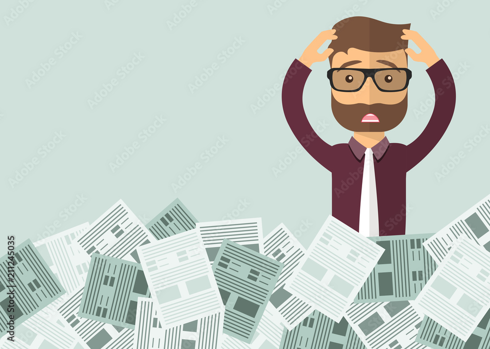 Businessman with pile of paper, business concept. Worried businessman. Deadline concept. Flat vector illustration. Businessman with pile of paper, business concept. Worried businessman. Deadline concept. Flat vector illustration.