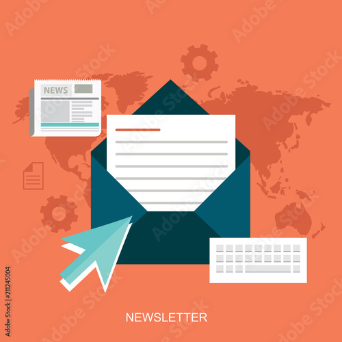 Flat design concept of regularly distributed news publication via e-mail with some topics of interest to its subscribers. Flat vector illustration. Newsletter concept