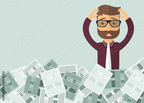 Businessman with pile of paper, business concept. Worried businessman. Deadline concept. Flat vector illustration.