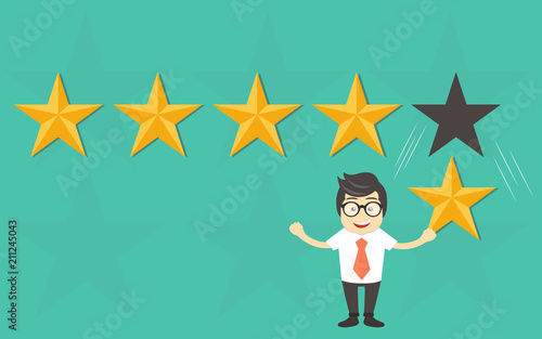 Customer rating, feedback, star rating, quality work. Businessman holding a gold star in hand, to give five. Evaluation system. Positive review. Flat vector illustration