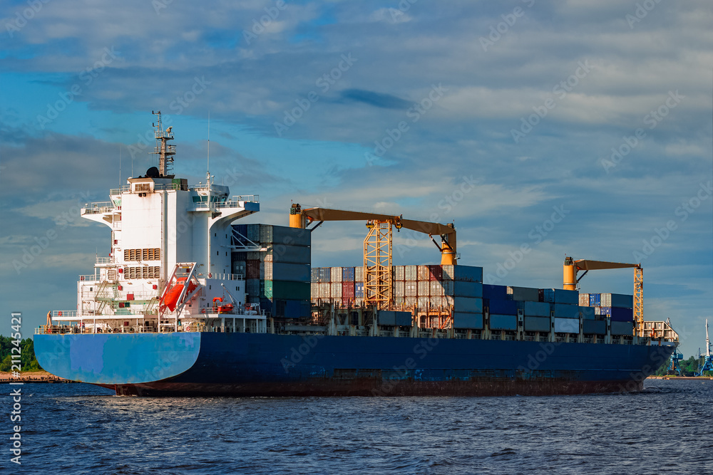 Fototapeta premium Blue container ship underway