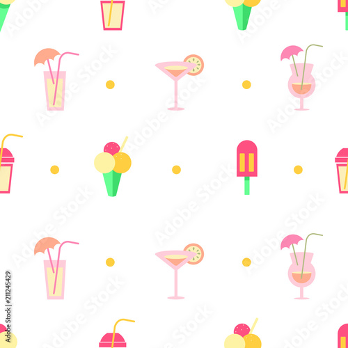 Seamless pattern. Summer vector pattern. Hello summer. Summer elements.Pattern with beach  ice-cream and cocktail elements.Background for for fabrics, textiles, paper, wallpaper, web pages, facebook 