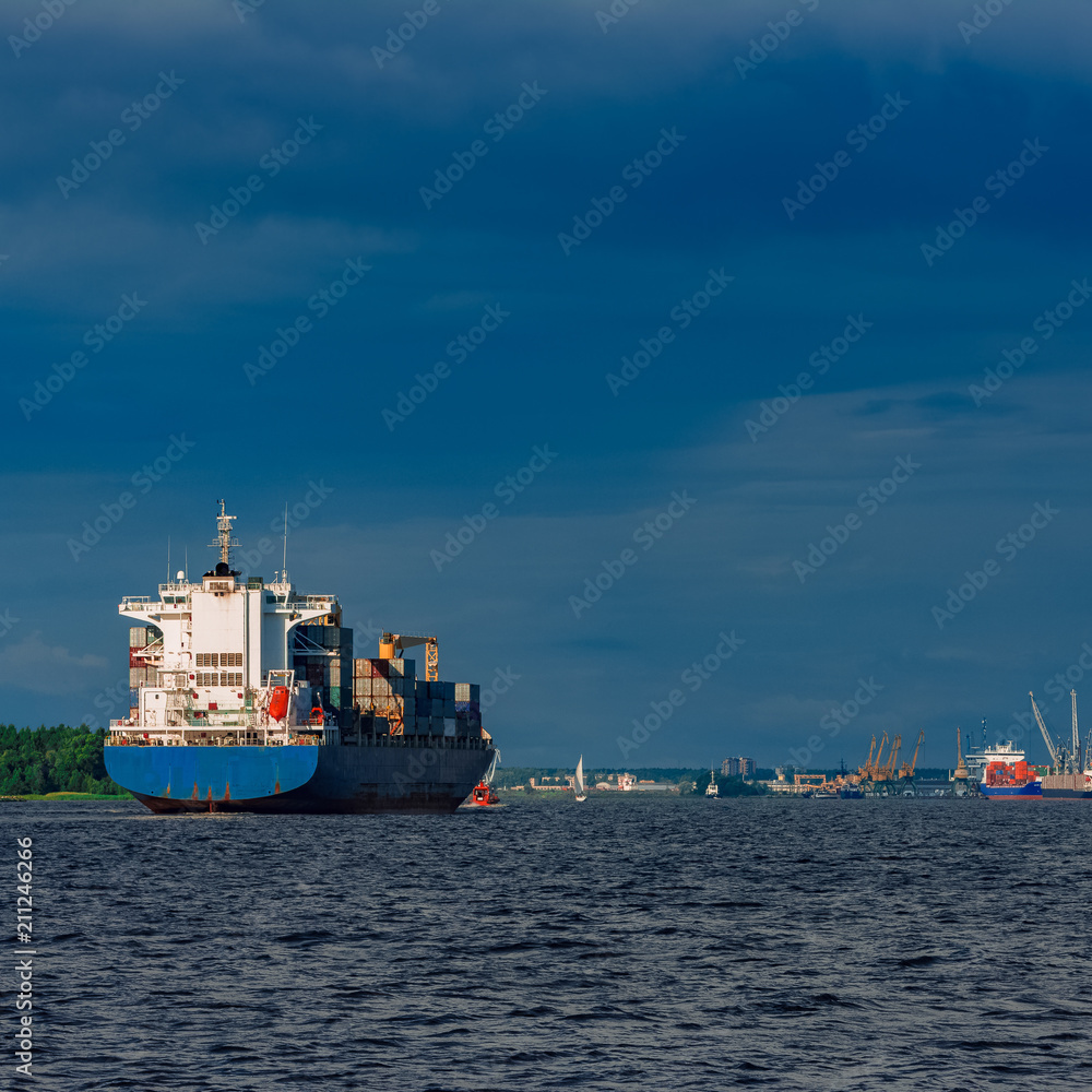 Fototapeta premium Blue container ship underway