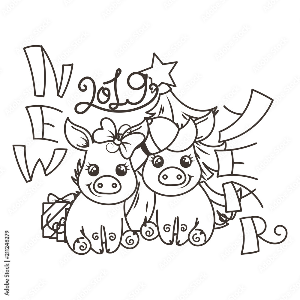 Happy New 2019 Year card with cartoon baby pig. Small symbol of holiday. Happy New 2019 Year card with cartoon baby pig. Small symbol of holiday.