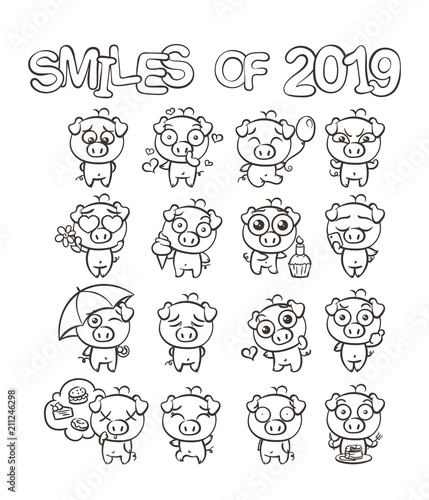 Collection of cutest pig character icon set with different emotions. Vector illustration for new 2019 year.