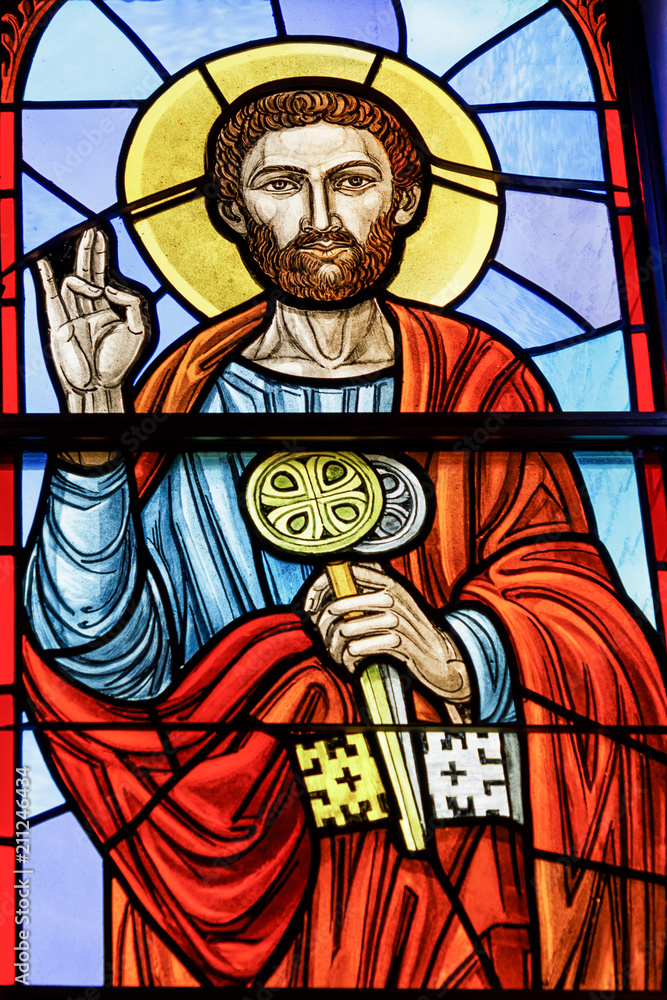 Saint Peter on a stained glass window. Ukrainian Greek Catholic Church of the Epiphany. Rochester, USA