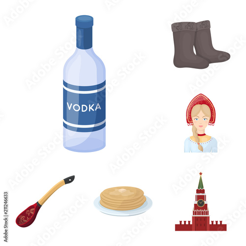 Country Russia, travel cartoon icons in set collection for design. Attractions and features vector symbol stock web illustration.