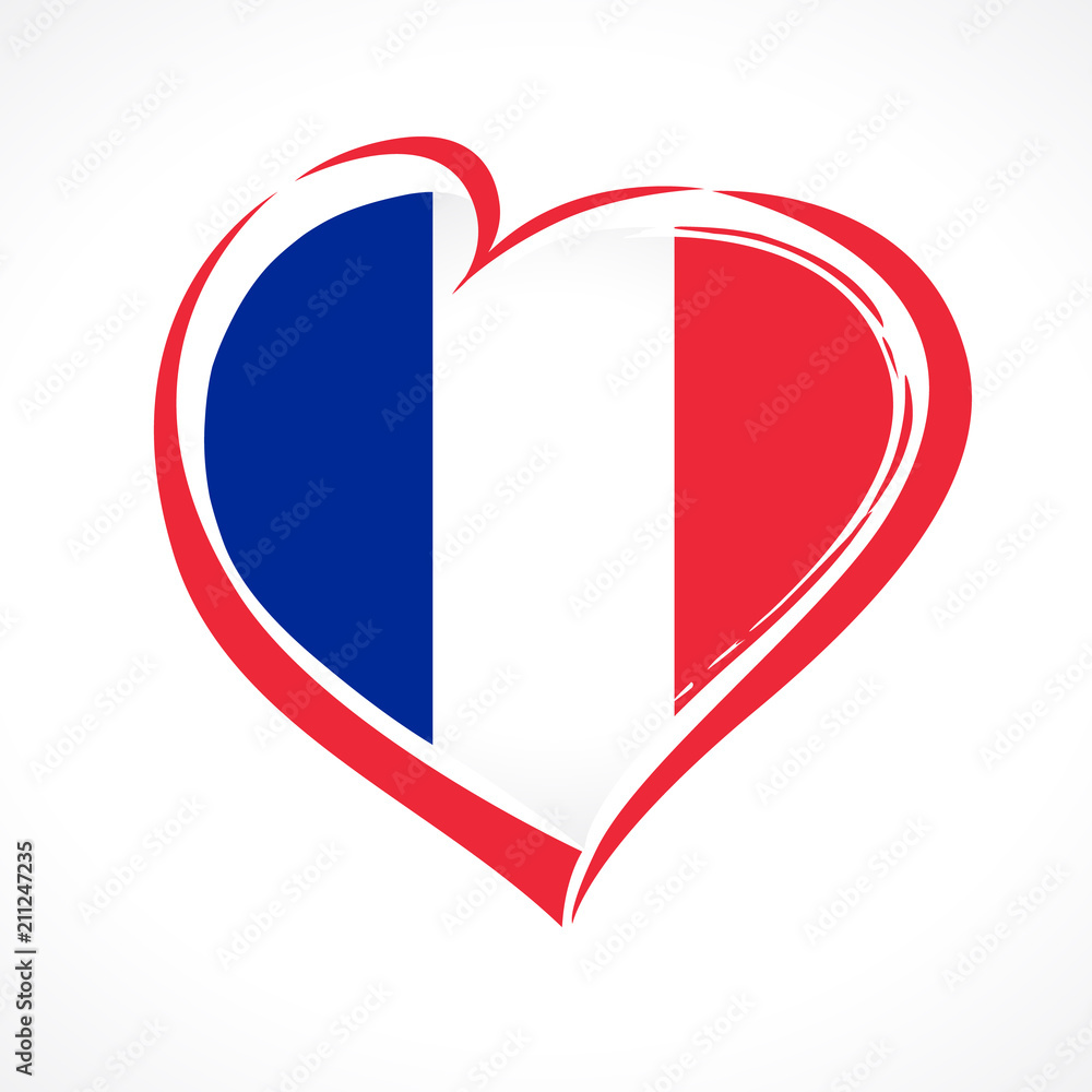 Love France emblem, Bastille day banner with heart in national flag