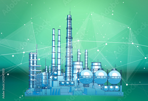 modern chemical manufacturing plant on a green technological background with a stylized digital wave - the concept of modern technology, the new industrial revolution & information technology / vector