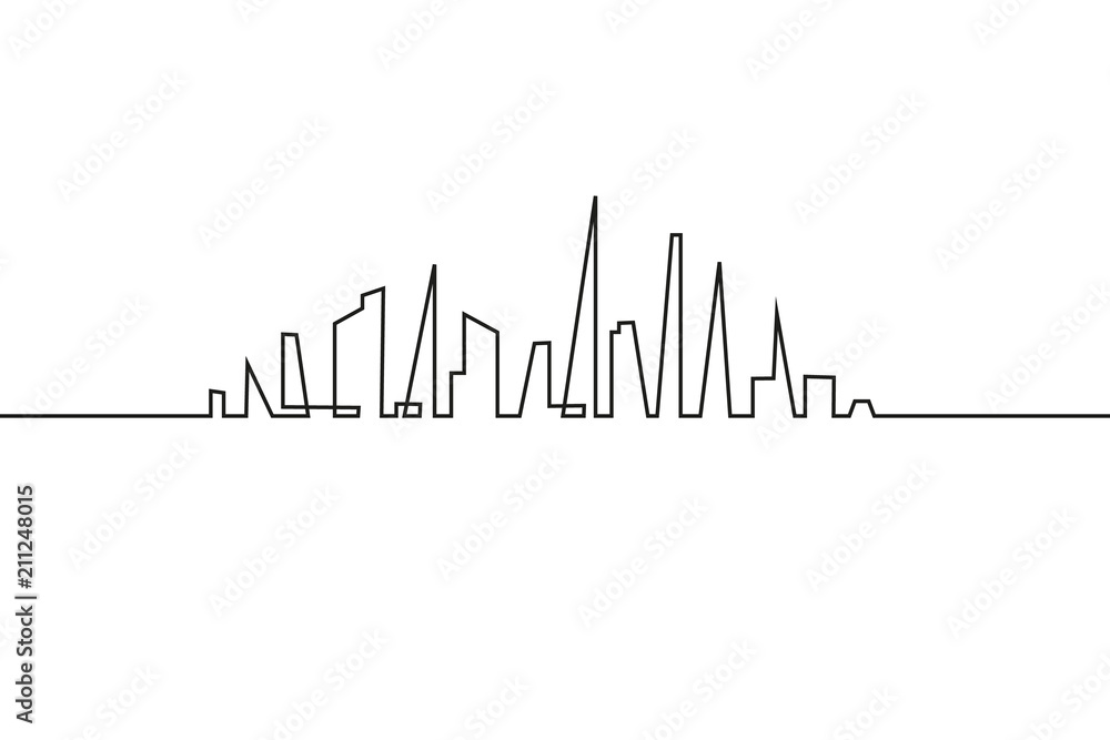 Silhouette of the city in a flat style. Modern urban landscape. Vector illustrations. City skyscrapers building office horizon.Continuous line drawing Silhouette of the city in a flat style. Modern urban landscape. Vector illustrations. City skyscrapers building office horizon.Continuous line drawing
