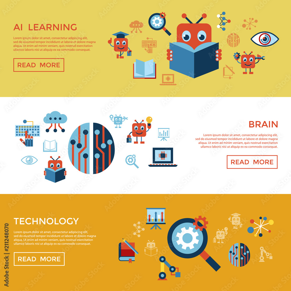 Artificial intelligence self learning icon set Artificial intelligence self learning icon set