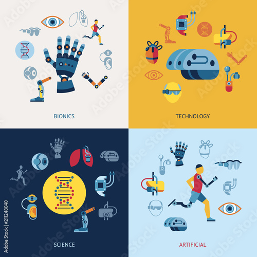 Bionics and artificial intelligence icon set