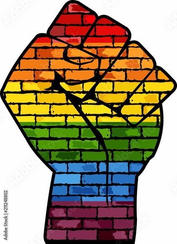 LGBT Protest Fist - Illustration, 
Gay Pride Fist on a brick wall, 
Fight for gay LGBT rights rainbow fist