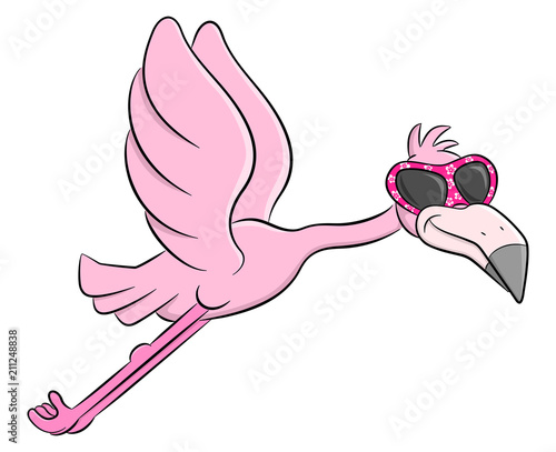fliegender Cartoon Flamingo mit Sonnenbrille 