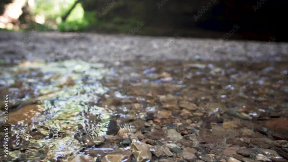 A pan from right to left of water flowing over small rocks and pebbles in slow motion. A pan from right to left of water flowing over small rocks and pebbles in slow motion.