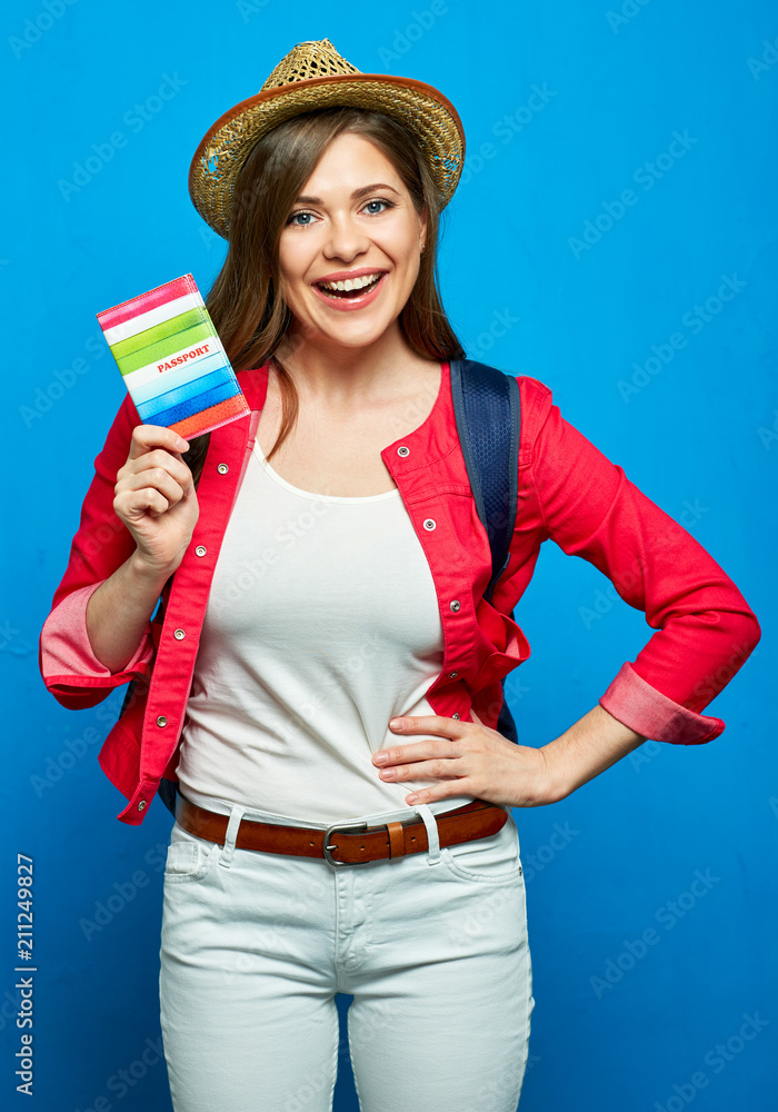 Woman with backpack for travel holding passport. Woman with backpack for travel holding passport.