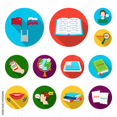 Translator and linguist flat icons in set collection for design. Interpreter vector symbol stock web illustration.