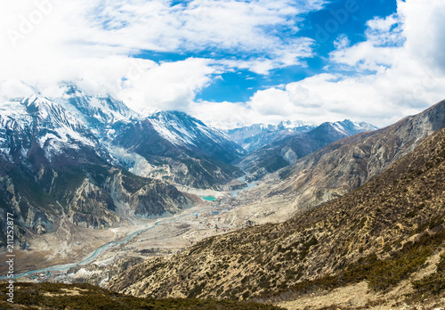 Panorama of the mountain river Bagmati near the village of Manang, Nepal.