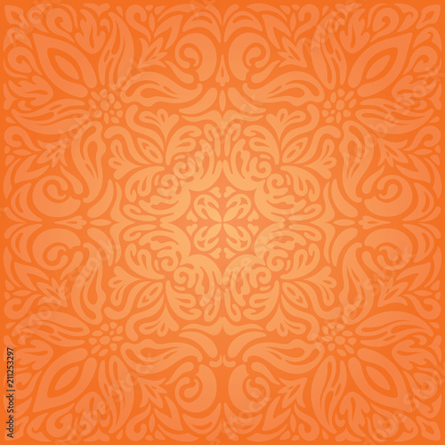 Floral Orange Retro style colorful wallpaper curvy background design in vintage style mandala