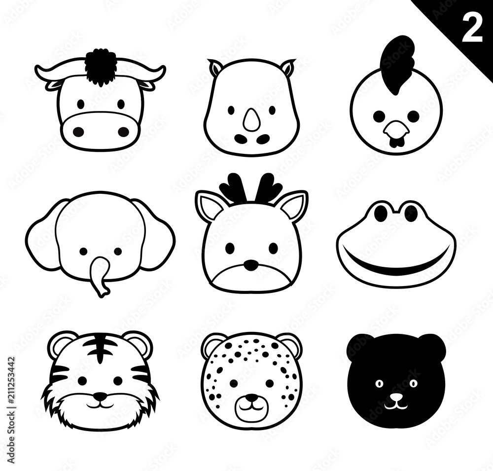 Naklejka premium Flat Animal Faces Monochrome Icon Cartoon Vector Set 2 (Forest)