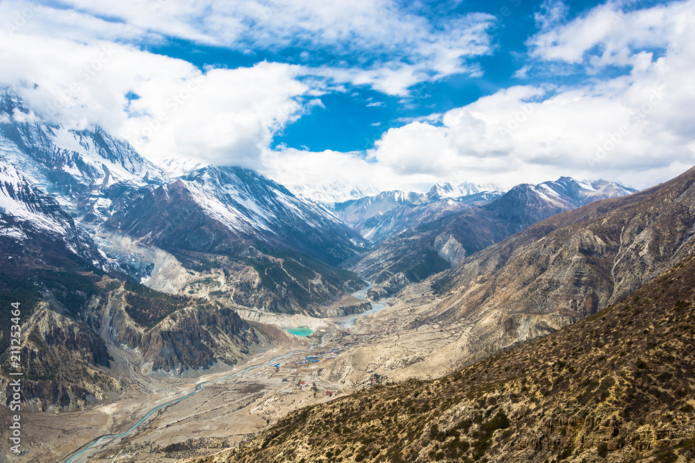 Panorama of the mountain river Bagmati near the village of Manang, Nepal.