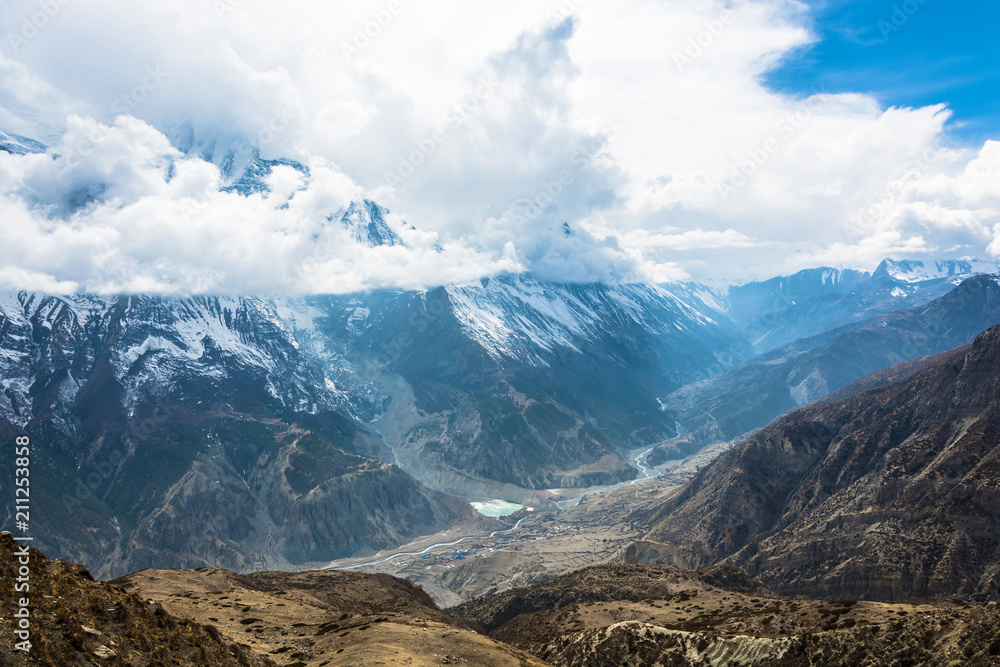 View of Manang village and Bagmati river, Nepal.